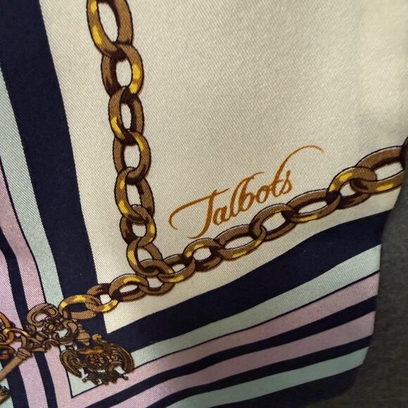 Talbots Women's Scarf Shawl Silk Cream Blue Chain Stripe Print Equestrian - Picture 4 of 7
